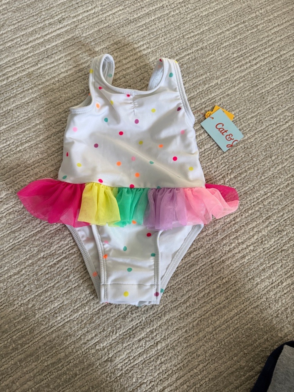 Cat & Jack White Polka Dot Swimsuit with Rainbow Tulle Skirt